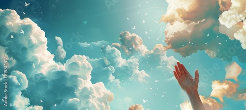 Surreal Sky High Hand Reaching for Dreams Among Cloudy Horizon - Inspirational Concept Design