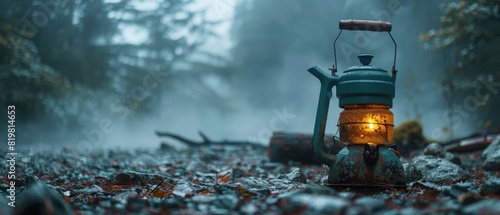 A teapot with a candle inside is sitting on a rocky ground
