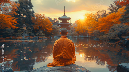 Buddhist Monk at Sunset