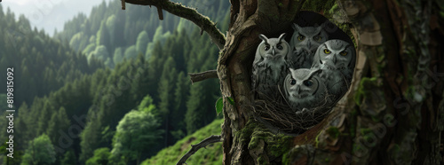 a family of owls in their nest made in the top hollow of a tree with dark forest in background, beautiful view, green mountains, Arnold rendering