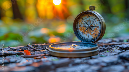 Vintage compass on a forest trail at sunset