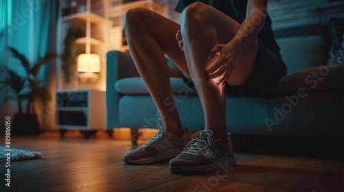 Person massaging their calf due to cramp, focus on the hands and muscle tension, selfcare, selective focus, in a living room, vibrant, composite, couch backdrop