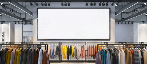  A blank billboard installed above the clothing racks in a fashion store, providing advertisers with a prominent space to showcase their latest collections and trends in stunning 32k resolution.