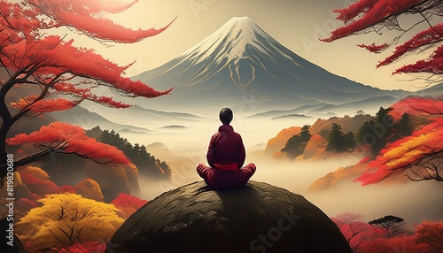 Beautiful rainy Japanese landscape in warm sunset autumnal colours, with a small silhouette meditating on a round rock. Misty mountains, golden foliage on bonsai trees.