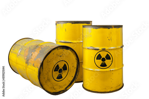 Barrel with radioactive waste. Nuclear warning sign. Rusty dangerous barrel with radionuclide, hazardous toxins on isolated background