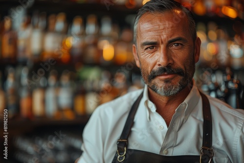 A mature, well-groomed man with a beard poses with a serious expression in a bar