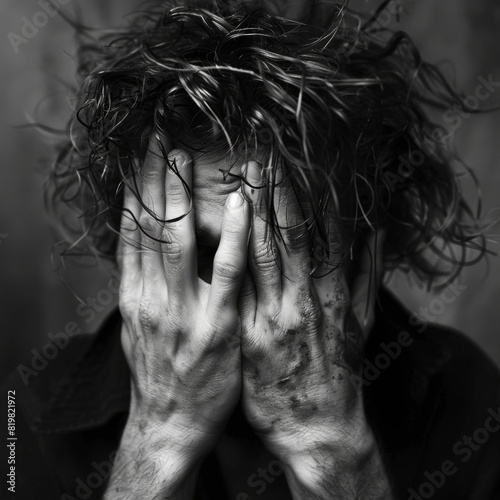 Facepalm man, disappointment guy, sad covering face with hands, messy hair portrait, overwhelmed people