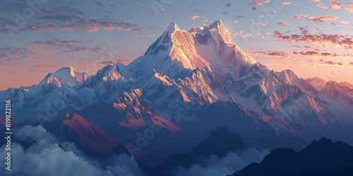 sunrise in the mountains, Illuminate the majesty of snow-capped mountains at dawn.