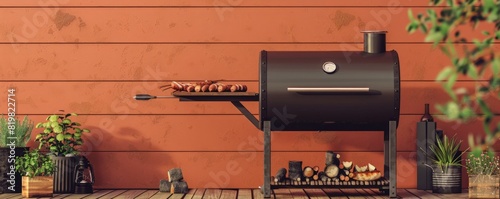 A black grill with a grill grate and a lid sits on a wooden deck,having a barbecue , barbecue grill, summer activities.