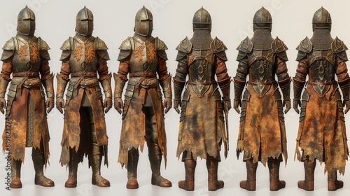 A set of ornate, ancient armor digitally rendered with realistic textures of rusted metal and worn leather, perfect for historical or fantasy settings. 