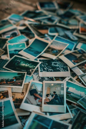 A pile of polaroids on a wooden table, perfect for nostalgic or vintage themed projects