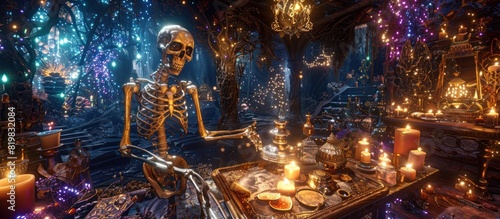 Golden Skeleton Conjuring Enchantment A Vibrant D Rendered of Whimsical Magic and Mystical Environment