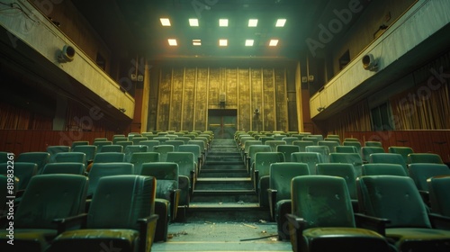 A deserted auditorium with rows of green chairs. Ideal for illustrating solitude or isolation