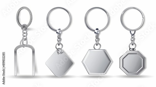 A set of metal keychain holders with hexagons and squares isolated on a white background. A mock-up of silver colored accessories or souvenir pendants. An illustration, icon, or clipart concept in