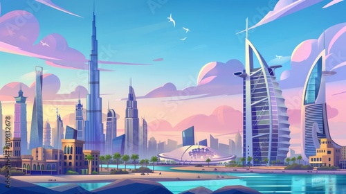 A cartoon modern illustration of the Burj Khalifa, Burj al Arab, and Cayan Tower buildings, Dubai landscape, UAE world famous architecture landmarks, United Arab Emirates, dated February 14, 2020.