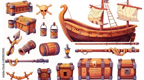 Onboard view of pirate ship, wooden deck, boat with cannons, wood boxes and barrels, hold, mast with ropes, lantern, and skull buccaneer flag isolated on white background cartoon modern illustration.