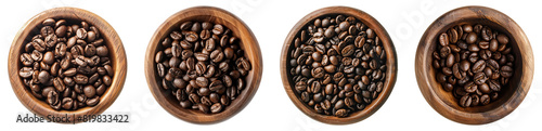 Coffee beans in wooden bowl, isolated, png set