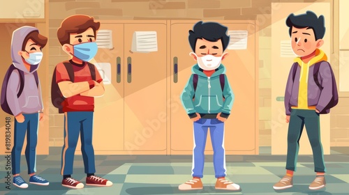 School bullying of a sad asian boy in a medical mask. Modern cartoon illustration of children mocking a lonely boy and drawing gossip on his locker.