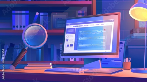 The SERP banner of a search engine. Computer monitor showing information about a webpage in the browser, magnifying glass, and infographic elements. Cartoon modern illustration of an internet surfing