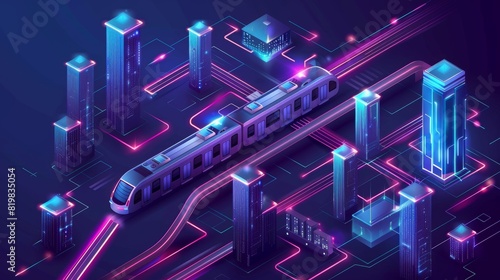An isometric banner of a smart city, AI trains driving through a microcircuit hub, neon-lit buildings and modern urban architecture, and artificial intelligence technology rendered in 3D
