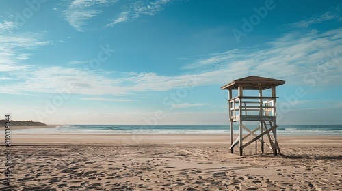 Fine sand and blue ocean water with lifeguard tower on the beach under bright blue sky with white clouds in the background