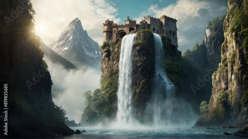 a castle on top of a mountain with a waterfall