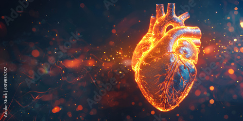  A digital illustration of a human heart glowing organ on dark background, heartbeat of life glowing pulse concept within human heart, symbolizing vitality and health 