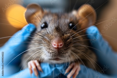 Close-Up Portrait of a Brown Rat Being Gently Handled with Protective Gloves for Laboratory Research