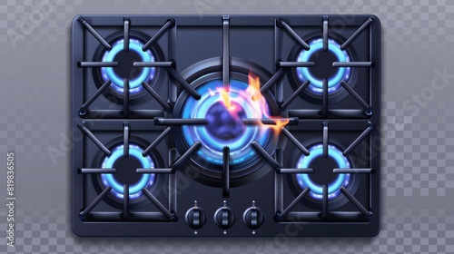 A black steel grates and burners set on an oven for cooking top view isolated on a transparent backdrop. Modern realistic set of circle and square black steel grates and burners.