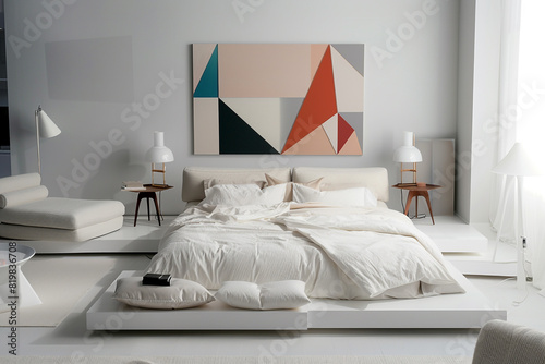 Minimalist bedroom with a low bed, white linens, geometric painting, and a sleek sofa set. Sleek bedside tables, lamps, and a white chair.