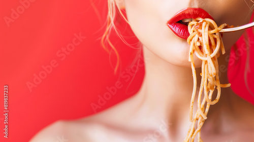 スパゲティを食べる女性の口元 赤色背景