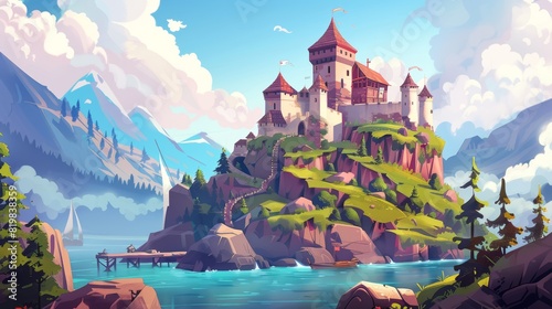 Imaginative castle on mountaintop near river pier at summer day, with boat on water surface. Fairytale palace under cloudy sky and trees. Fantasy medieval architecture, Cartoon modern illustration.
