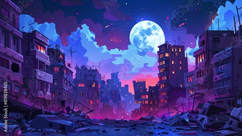 An infographic depicting abandoned city buildings at night. Cartoon graphic of the post-apocalyptic world ruins after war collapse, natural disaster and cataclysm.