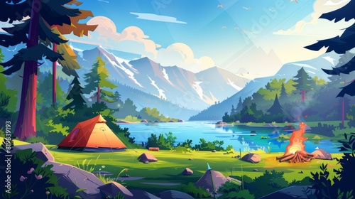 An animated poster with a camping scene in a nature park, a river, trees, tents, and people roasting marshmallows on fire. A campsite banner with a bonfire on the shore of a lake.
