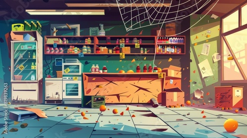 A neglected grocery store interior with frayed cashier desk, scattered garbage, spider webs, broken shelves, and a broken refrigerator. Neglected product market, retail market, cartoon modern