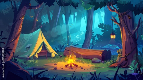 Camping in the forest with bonfire, tent, backpack and lantern. Modern cartoon landscape with campsite, trees, logs, and bowler on fire. Travel, hiking, and activity equipment.
