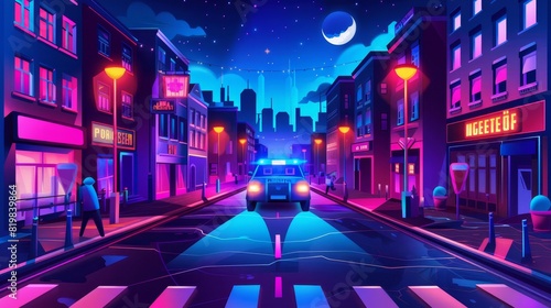 Police car with signaling riding empty city streets with buildings, neon signboards and crosswalks. Officer policeman job cartoon modern illustration.