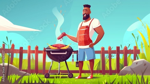 The BBQ weekend flyer is an invitation banner with a black man grilling meat on a grill. This is a modern posters set with a cartoon illustration of a picnic and barbeque on a park or garden lawn in