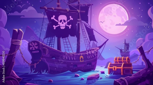 At night, ghost ship posters show captain with hook and wooden leg on boat deck with black jolly roger flag and treasure chest. Modern cartoon banners show a dead captain with hook and wooden leg on