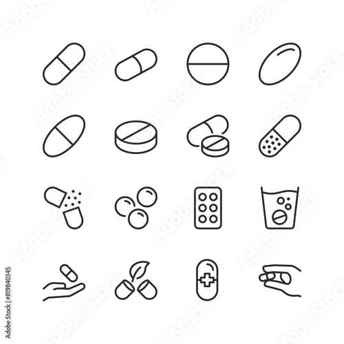 Pills and Tablets, linear style icon set. Various shapes and forms of medication capsules. Drug compounds and pharmaceutical products. Editable stroke width.