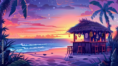The tiki bar and wooden hut with tribal masks are set on the sea beach at sunset. Seascape with ocean, palm trees, and cafe are featured in this cartoon tropical landscape at sunset.