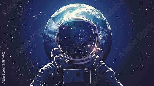 Cartoon banner with astronauts traveling through space. Soldiers in suits and helmets with Earth planet reflections look sad on their native land. Modern russian cosmonaut space mission exploring