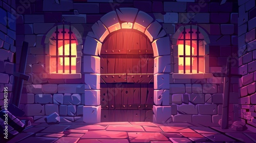 Dark medieval castle interior with moonlight falling on wood arched door and barred window shadow on stone wall. Cartoon illustration of ancient palace entrance.