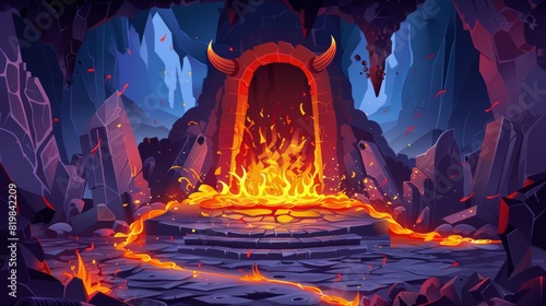 A cartoon modern of an underground cave, entrance to hell or infernal world with lava, stalactite rocks, magma, and a devil altar with stone horns and burning fire.
