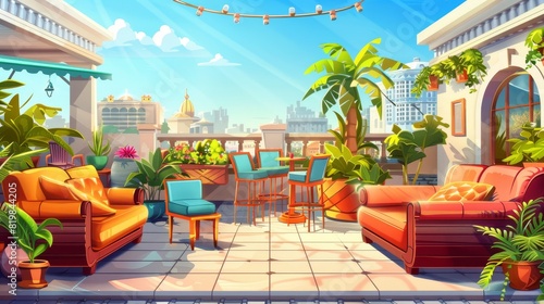 The background of a parallax summer cafe on roof with an outdoor restaurant, grill machine, comfy sofa on a rooftop terrace. 3d game animation with separated layers, Modern illustration of an empty