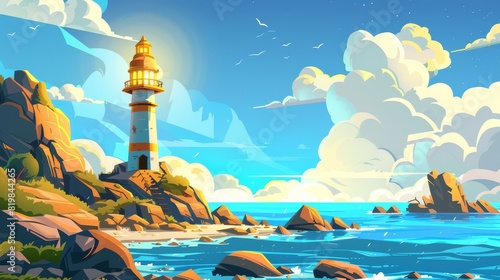 Lighthouse at sea shore with blue water and rocky coast under cloudy sky, separated layers for 2D game animation. Cartoon modern illustration.