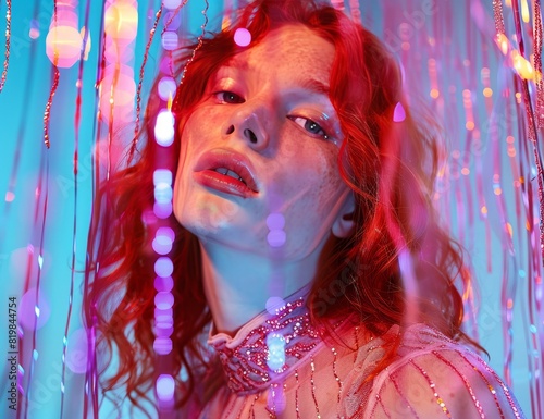 Portrait of stunning red hair woman with freckles, wrapped in frilly frock jeweled dress in a bling fantasy glitter turquoise room