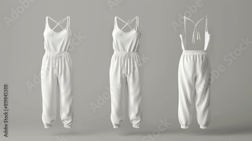 Realistic girls clothes, summer garment or nightwear mockup of a female jumpsuit mockup in front and back views. Modern 3D template of white overalls and pants with a sleeveless tank top.