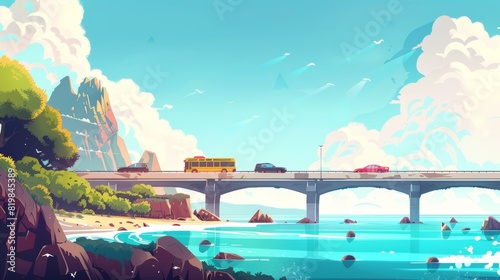 Cartoon summer landscape of ocean coast with mountains, green trees, a highway bridge with metal crash barriers, a bus and an automobile driving on an overpass road near the seashore.
