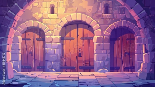 Castle doors in dungeons, fortresses and castles. Cartoon illustration of stone walls and closed gates. Modern parallax background ready for 2D animation.